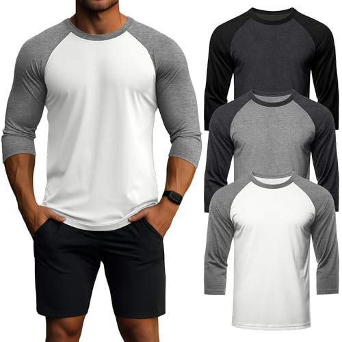 Huukeay 3 Pack Mens 34 Sleeve Shirts Crew Neck Baseball T Shirts Moisture Wicking Athletic TopsDark GreyBlack Light GreyDark Grey WhiteLight GreyMedium - Image 1