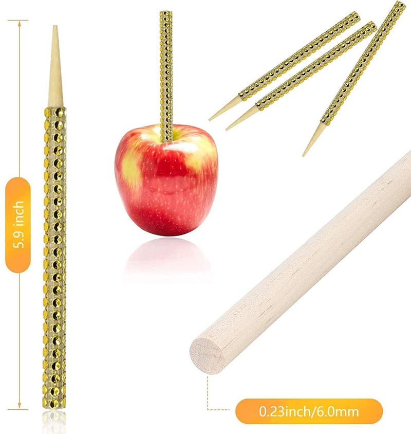 MGWOTH 32 PCS Bling Candy Apple Bamboo Sticks,Caramel Apple Wooden Pointed Skewers with Rhinestones Diamond Mesh Wrap,Fruit Treats Pop Dec Bar for Dessert Table Tea Party Birthday Wedding Christmas (Gold) - Image 4