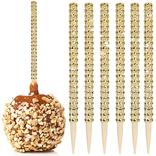 MGWOTH 32 PCS Bling Candy Apple Bamboo Sticks,Caramel Apple Wooden Pointed Skewers with Rhinestones Diamond Mesh Wrap,Fruit Treats Pop Dec Bar for Dessert Table Tea Party Birthday Wedding Christmas (Gold) - Image 1