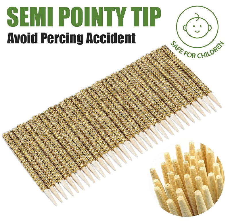 MGWOTH 32 PCS Bling Candy Apple Bamboo Sticks,Caramel Apple Wooden Pointed Skewers with Rhinestones Diamond Mesh Wrap,Fruit Treats Pop Dec Bar for Dessert Table Tea Party Birthday Wedding Christmas (Gold) - Image 2
