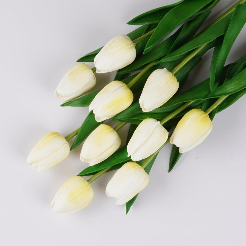 VaryFloral 10Pcs Fake Tulips Yellow Realistic Flowers Real Touch PU Artificial Tulips with Stems Light Yellow Fake Spring Flowers for Home Decor Floral Arrangements Table Centerpieces - Image 1