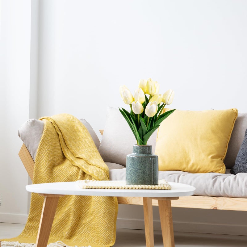 VaryFloral 10Pcs Fake Tulips Yellow Realistic Flowers Real Touch PU Artificial Tulips with Stems Light Yellow Fake Spring Flowers for Home Decor Floral Arrangements Table Centerpieces - Image 5
