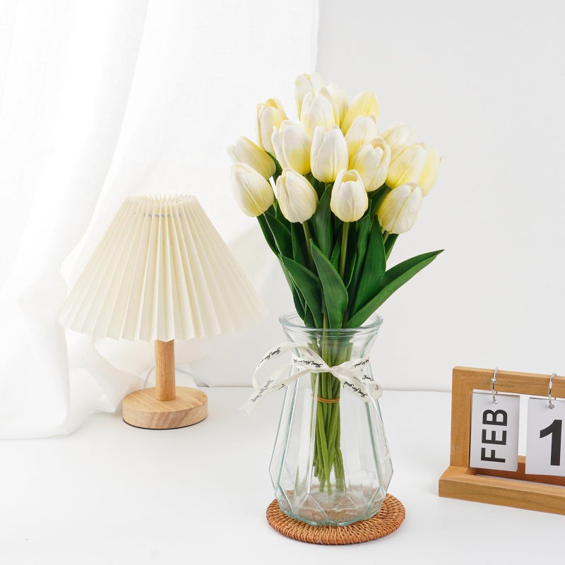 VaryFloral 10Pcs Fake Tulips Yellow Realistic Flowers Real Touch PU Artificial Tulips with Stems Light Yellow Fake Spring Flowers for Home Decor Floral Arrangements Table Centerpieces - Image 4