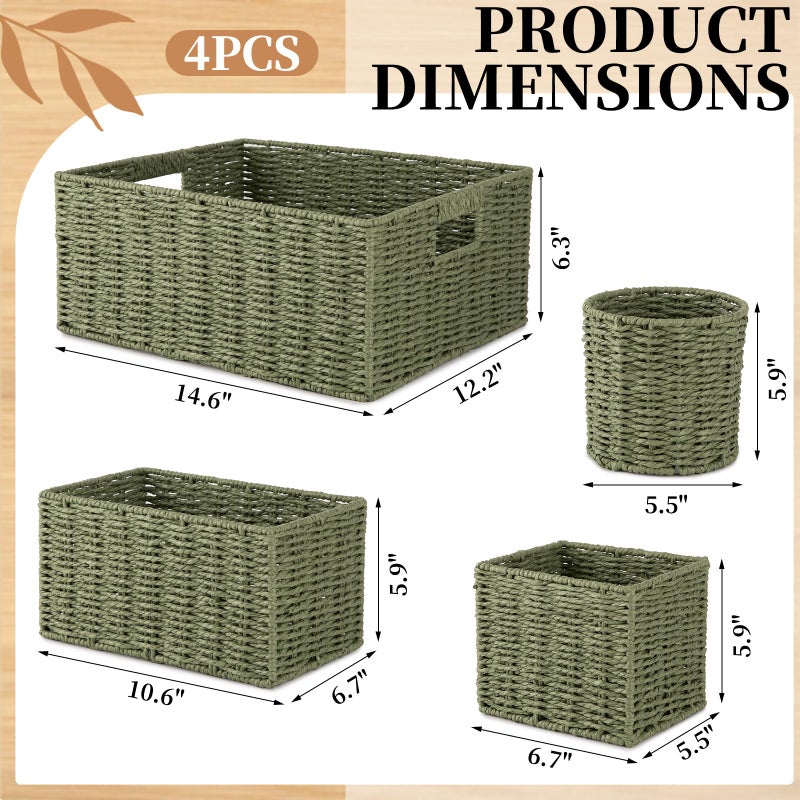 OIAHOMY Wicker Baskets for Organizing, Large and Small Shelf Baskets Set, Handwoven Bins for Storage,Paper Rope Home Organizers, Set of 4-Green - Image 3