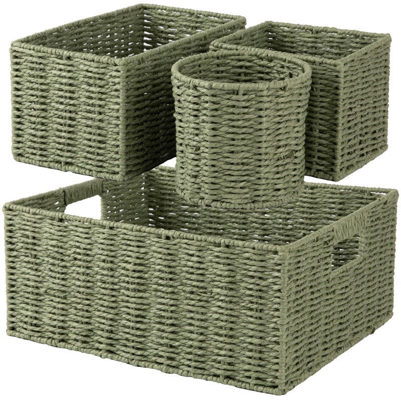 OIAHOMY Wicker Baskets for Organizing, Large and Small Shelf Baskets Set, Handwoven Bins for Storage,Paper Rope Home Organizers, Set of 4-Green - Image 1