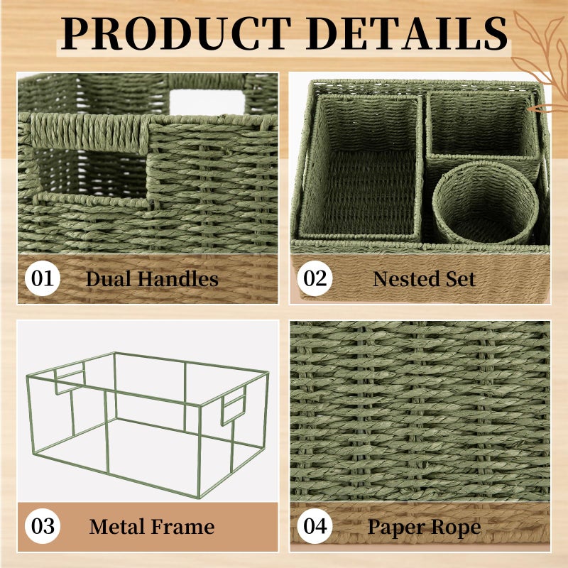 OIAHOMY Wicker Baskets for Organizing, Large and Small Shelf Baskets Set, Handwoven Bins for Storage,Paper Rope Home Organizers, Set of 4-Green - Image 4