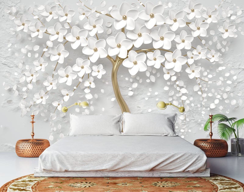 Bormia 3D Flower Tree Wall Mural with Gold Tree Body Floral Wallpaper Wall Decals for Living Room Bedroom Kids Room Motif Shop - Image 1