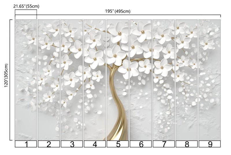 Bormia 3D Flower Tree Wall Mural with Gold Tree Body Floral Wallpaper Wall Decals for Living Room Bedroom Kids Room Motif Shop - Image 4