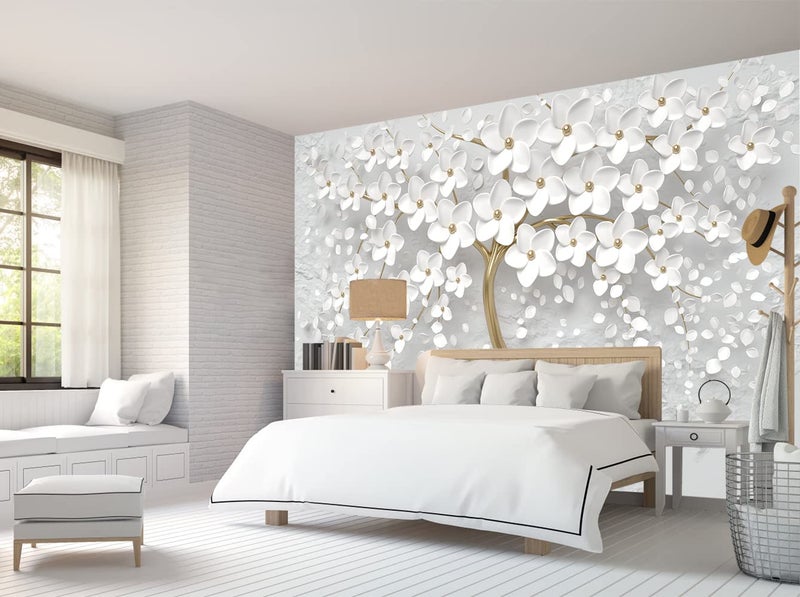 Bormia 3D Flower Tree Wall Mural with Gold Tree Body Floral Wallpaper Wall Decals for Living Room Bedroom Kids Room Motif Shop - Image 3