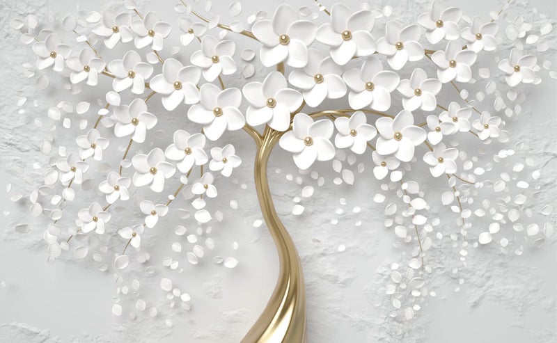 Bormia 3D Flower Tree Wall Mural with Gold Tree Body Floral Wallpaper Wall Decals for Living Room Bedroom Kids Room Motif Shop - Image 2