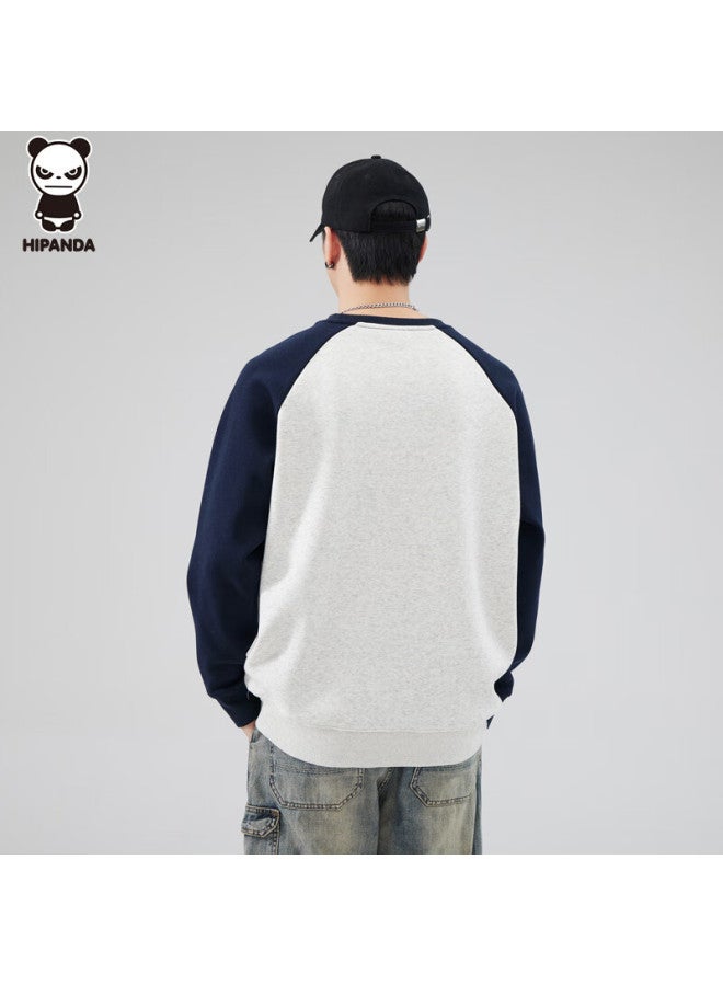 Hipanda o Panda Men's Autumn Raglan Loose Fit American Style Color Block Crewneck Heavyweight Pullover Navy Blue M - Image 4