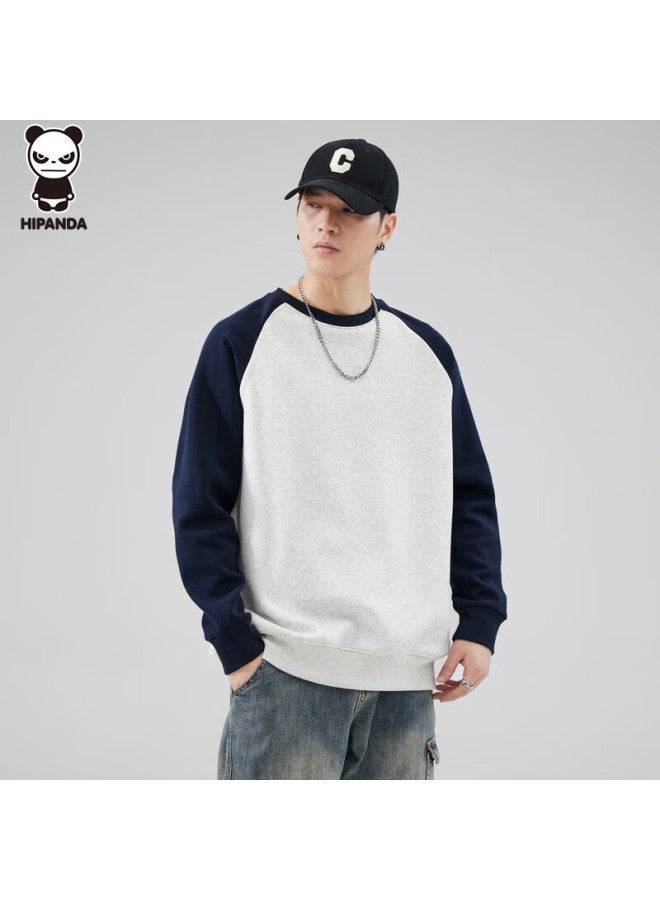 Hipanda o Panda Men's Autumn Raglan Loose Fit American Style Color Block Crewneck Heavyweight Pullover Navy Blue M - Image 3