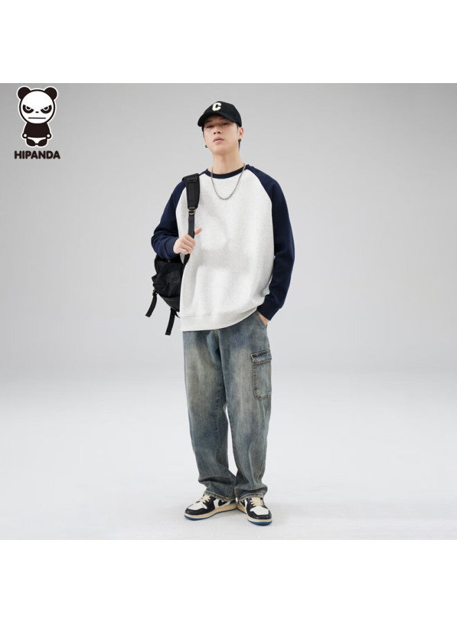Hipanda o Panda Men's Autumn Raglan Loose Fit American Style Color Block Crewneck Heavyweight Pullover Navy Blue M - Image 2