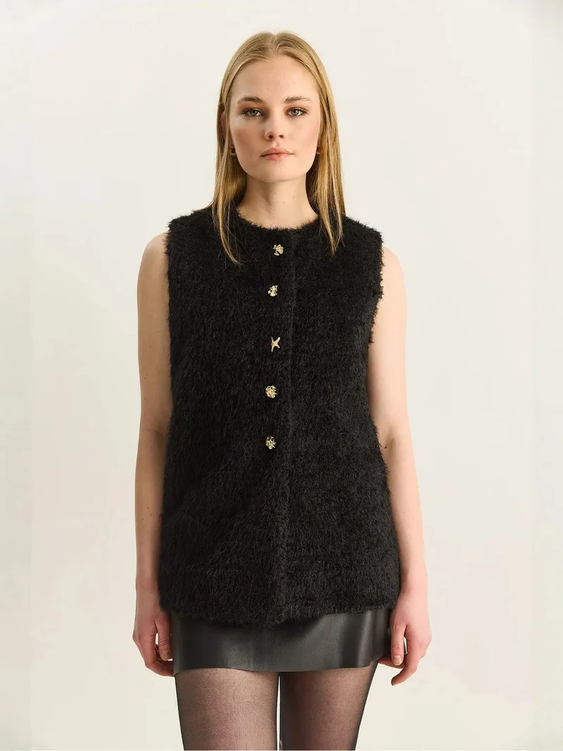 Bianco Lucci Black LUCCI Plush Waistcoat with Button Closure for Women | Best Price UAE