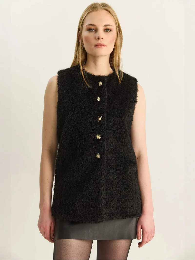 Bianco Lucci Black LUCCI Plush Waistcoat with Button Closure for Women | Best Price UAE