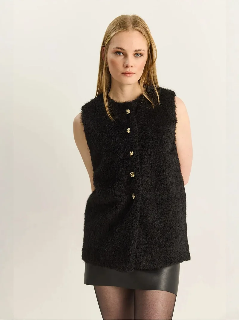 Bianco Lucci Black LUCCI Plush Waistcoat with Button Closure for Women | Best Price UAE
