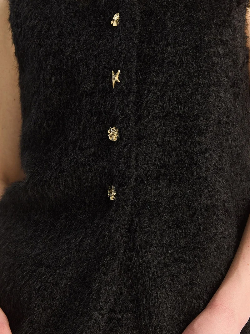 Bianco Lucci Black LUCCI Plush Waistcoat with Button Closure for Women | Best Price UAE