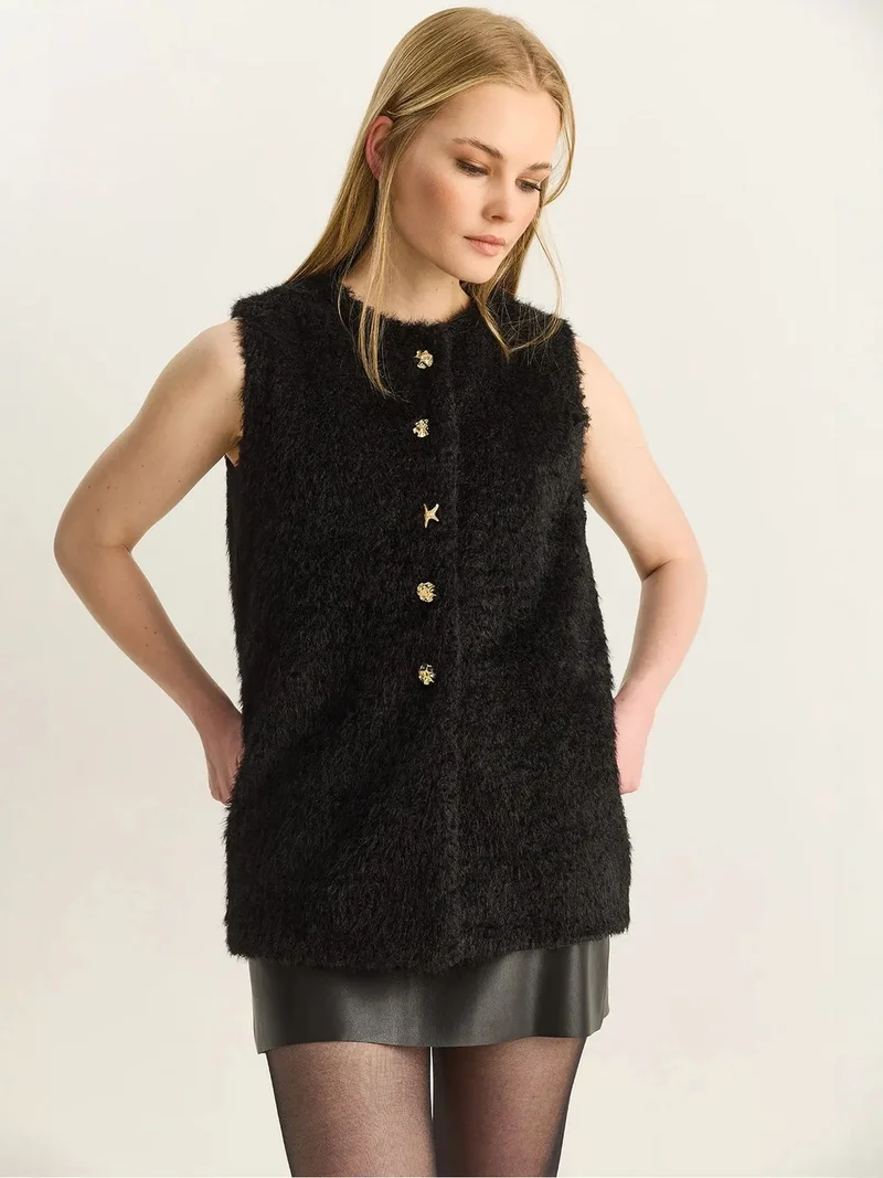 Bianco Lucci Black LUCCI Plush Waistcoat with Button Closure for Women | Best Price UAE