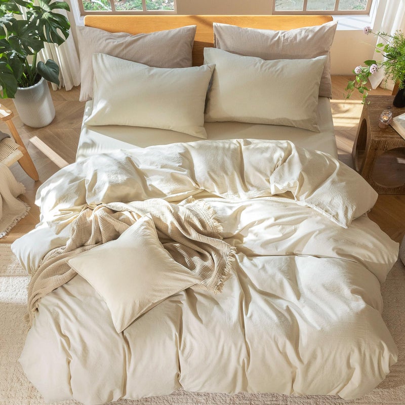 MooMee Bedding Duvet Cover Set 100% Washed Cotton Linen Like Textured Breathable Durable Soft Comfy (Heathered Almond Milk Grey, Palatial King/Oversized King 120"x98") - Image 5