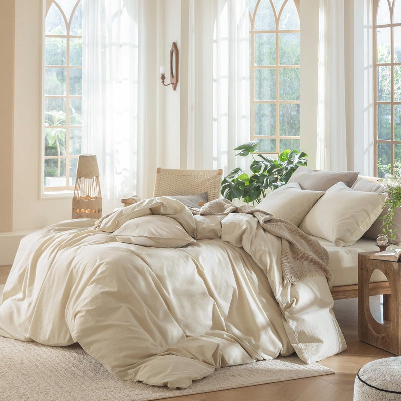 MooMee Bedding Duvet Cover Set 100% Washed Cotton Linen Like Textured Breathable Durable Soft Comfy (Heathered Almond Milk Grey, Palatial King/Oversized King 120"x98") - Image 3