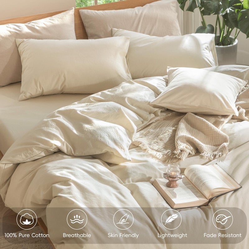 MooMee Bedding Duvet Cover Set 100% Washed Cotton Linen Like Textured Breathable Durable Soft Comfy (Heathered Almond Milk Grey, Palatial King/Oversized King 120"x98") - Image 4