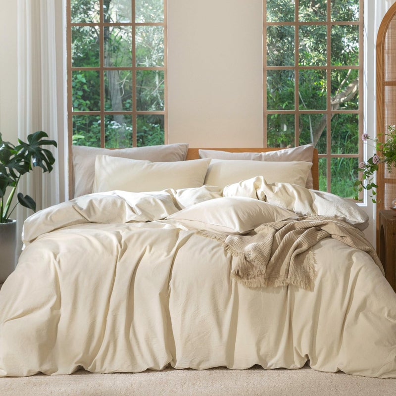 MooMee Bedding Duvet Cover Set 100% Washed Cotton Linen Like Textured Breathable Durable Soft Comfy (Heathered Almond Milk Grey, Palatial King/Oversized King 120"x98") - Image 1