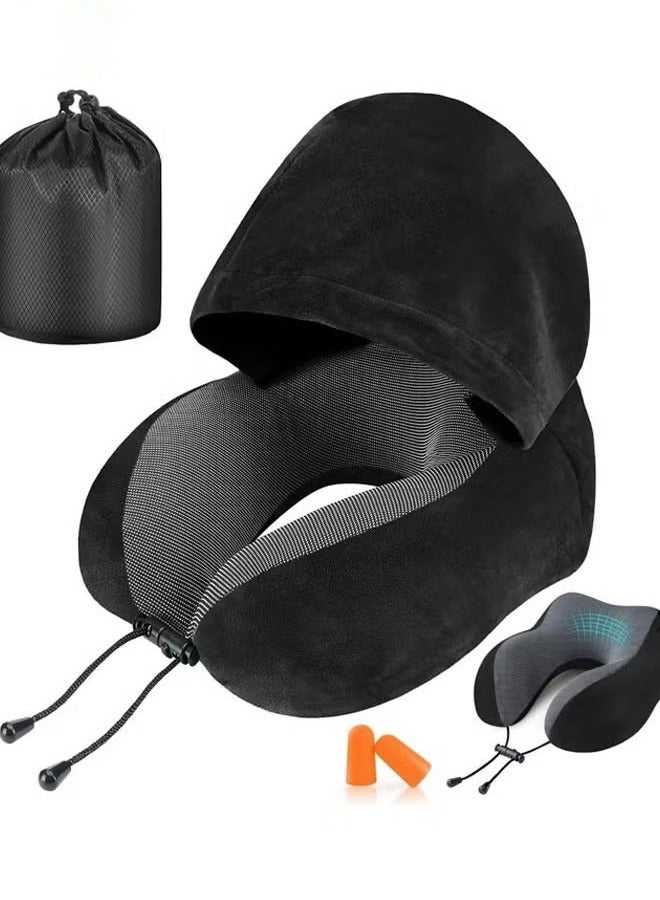 XiuWoo Travel Pillow, Neck Pillow for Travel with Hood for Airplane, Velvet Memory Foam Neck Pillow Adult Head & Neck Support, for Long Flights Plane, Office, Cars Sleeping & Rest (Black) - Image 1