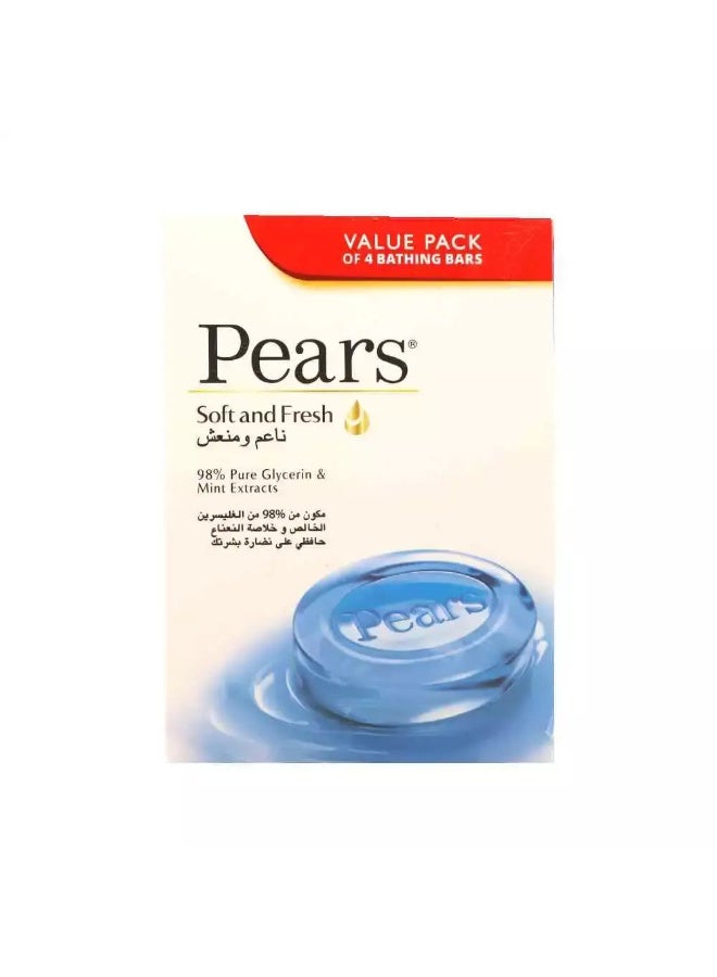 Pears Soft and Fresh Bathing Soap Bar with Glycerin and Mint Extract- 4X125gms - Image 1