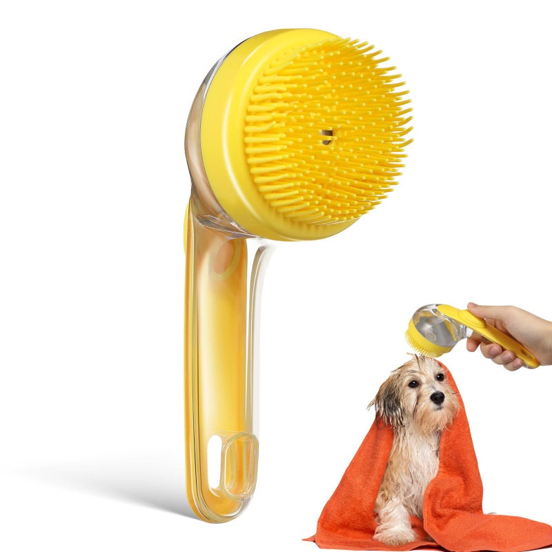 Soft Bristle Pet Shampoo Brush With Soap Dispenser For Dogs Cats Long Short Hair Yellow - Image 2