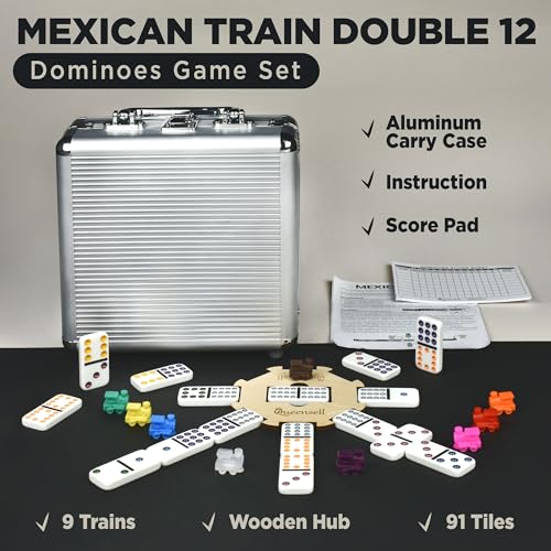 Queensell Mexican Train Dominoes Set with Wooden Hub, Domino Tile Board Games - Double 12 Dominos Set for Family Game Night for Adults and Kids Ages 8 and up (Double 12) - Image 2
