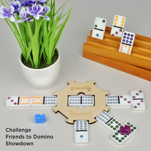 Queensell Mexican Train Dominoes Set with Wooden Hub, Domino Tile Board Games - Double 12 Dominos Set for Family Game Night for Adults and Kids Ages 8 and up (Double 12) - Image 5