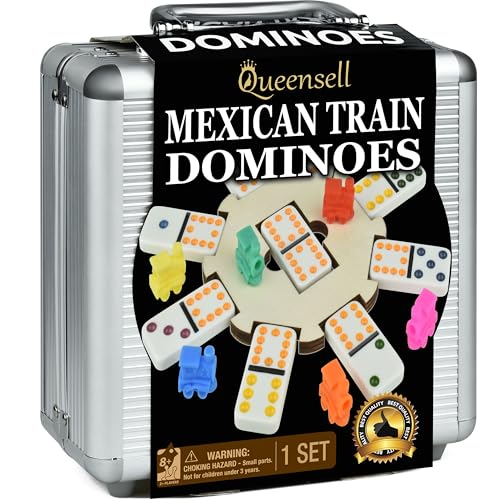 Queensell Mexican Train Dominoes Set with Wooden Hub, Domino Tile Board Games - Double 12 Dominos Set for Family Game Night for Adults and Kids Ages 8 and up (Double 12) - Image 1