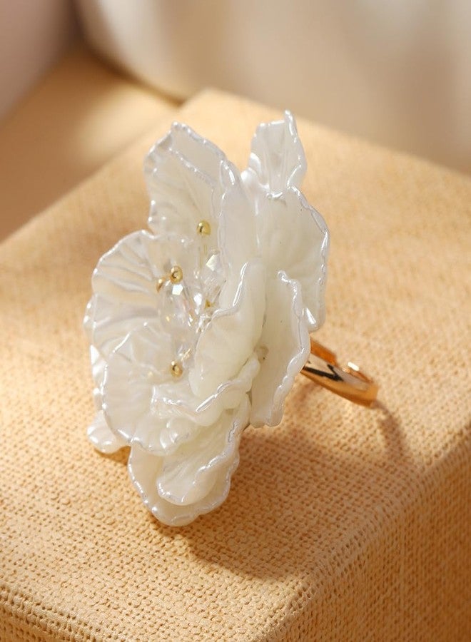 Dtja Elegant Shell Pearl Flower Statement Ring for Women Lady Artificial White Camellia Cherry Blossom Petals Adjustable Wide Wrap Rings Comfort Fit Delicate Wedding Holiday Party Jewelry - Image 4