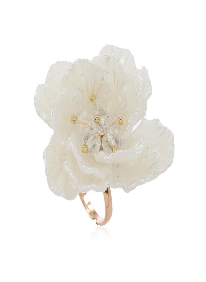 Dtja Elegant Shell Pearl Flower Statement Ring for Women Lady Artificial White Camellia Cherry Blossom Petals Adjustable Wide Wrap Rings Comfort Fit Delicate Wedding Holiday Party Jewelry - Image 1