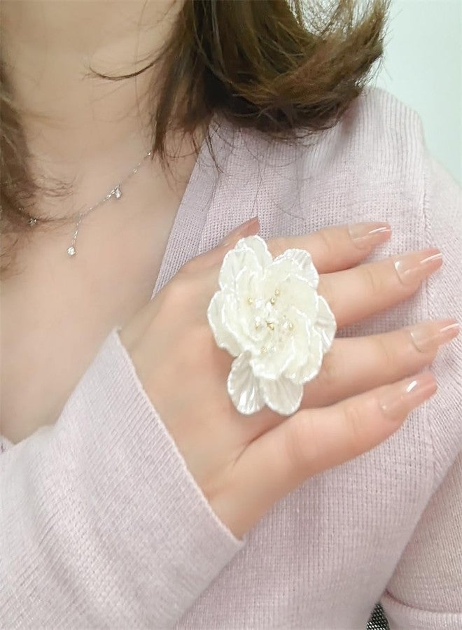Dtja Elegant Shell Pearl Flower Statement Ring for Women Lady Artificial White Camellia Cherry Blossom Petals Adjustable Wide Wrap Rings Comfort Fit Delicate Wedding Holiday Party Jewelry - Image 2