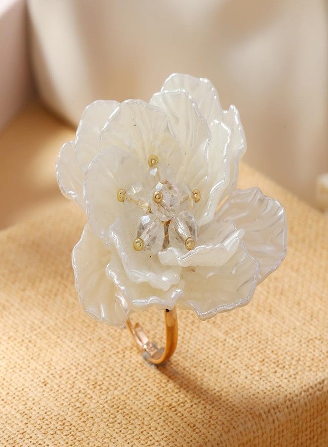 Dtja Elegant Shell Pearl Flower Statement Ring for Women Lady Artificial White Camellia Cherry Blossom Petals Adjustable Wide Wrap Rings Comfort Fit Delicate Wedding Holiday Party Jewelry - Image 3