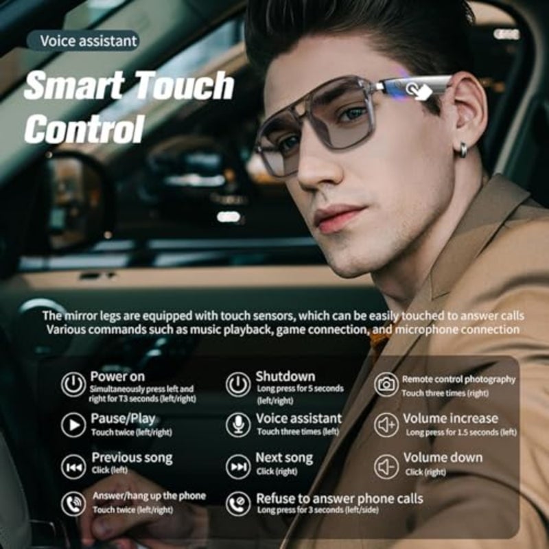 نظارات بلوتوث ذكية مع مكبر صوت، نظارات AI متغيرة اللون للنساء والرجال، حماية من الأشعة فوق البنفسجية مع ميكروفون مدمج بلوتوث 5.4 مضاد للضوء الأزرق المستقطب لنظام Android iOS - Image 3