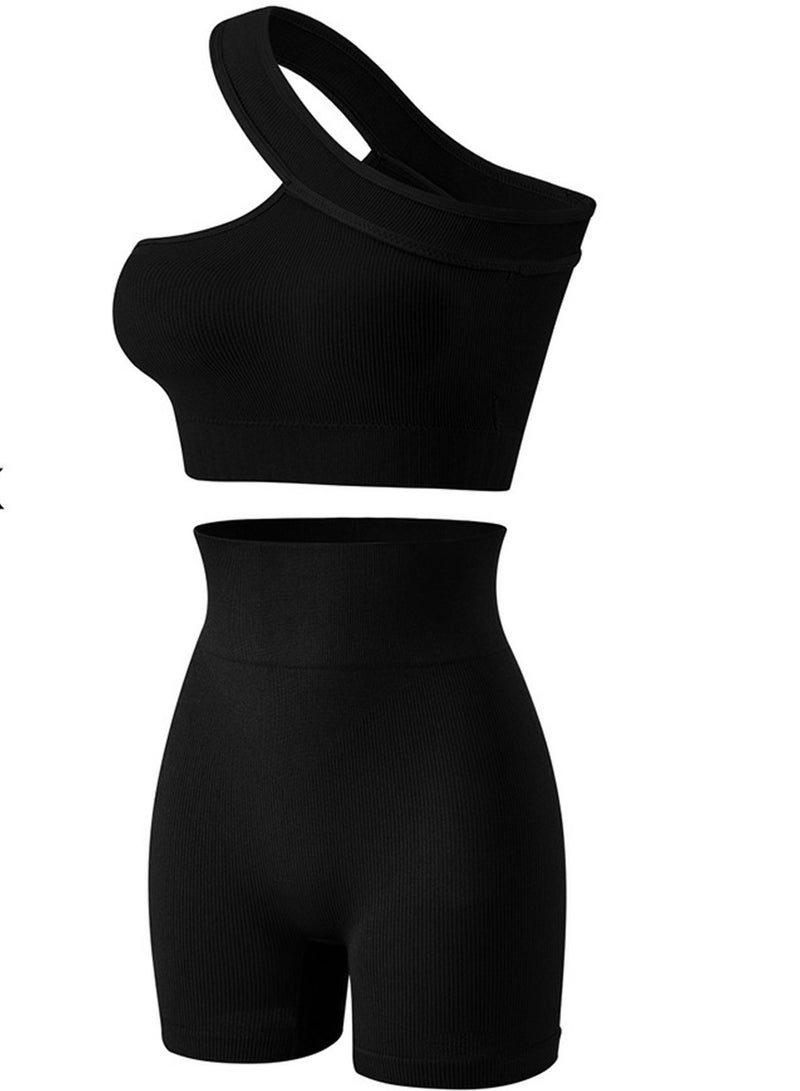 Loquat Women's Solid Color Sport Fitness Lingerie Set 2-piece Seamless Wireless Sloping Shoulders Vest+High Waist Boxer Briefs Sport Suit Black  - Image 1
