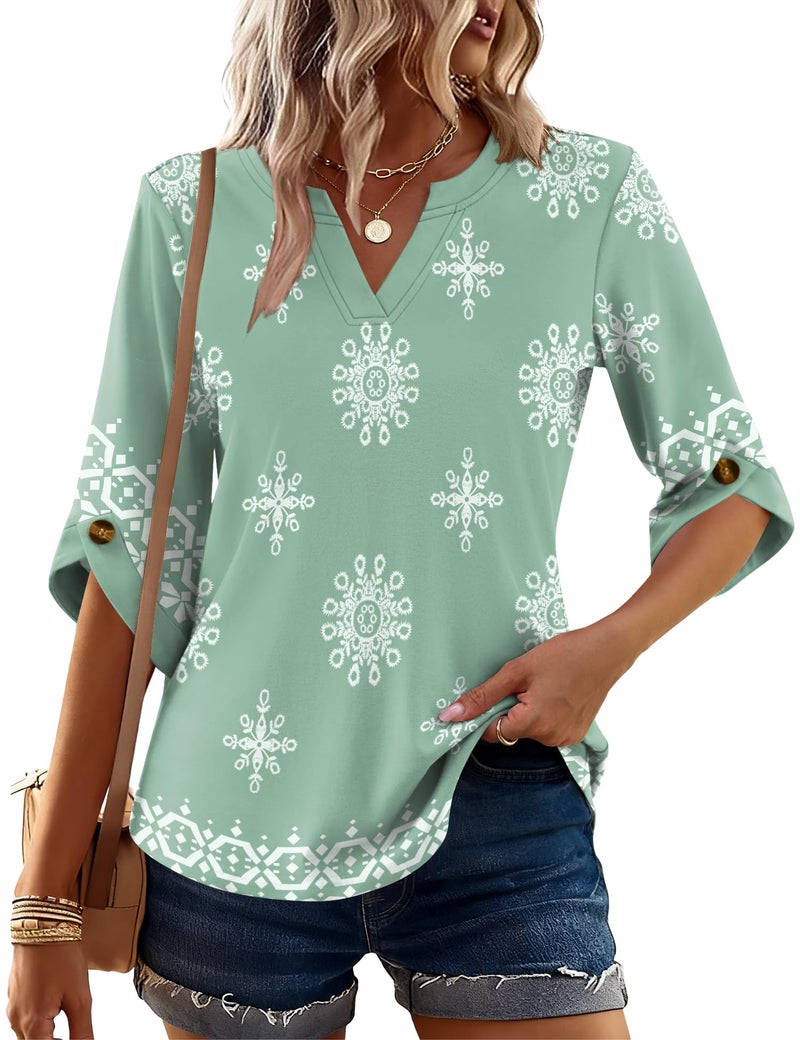 Kistore Boho Tops for Women 3/4 Length Sleeve Decorative Button Trendy Casual Dressy Blouses Pullover Shirts Green Floral S - Image 2