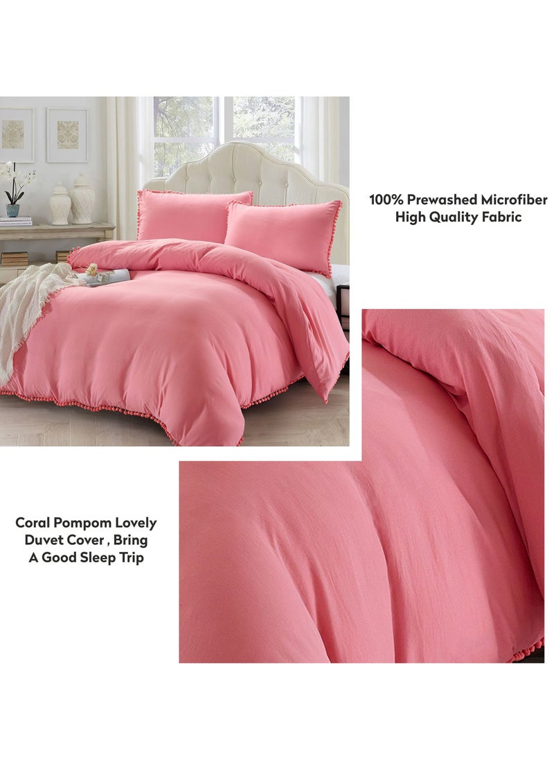 Donetella 2-Piece Single Size Duvet Cover Set  Pompom Style Twin Size, Soft Microfiber (Without Filler), Pastel Pink  - Image 2