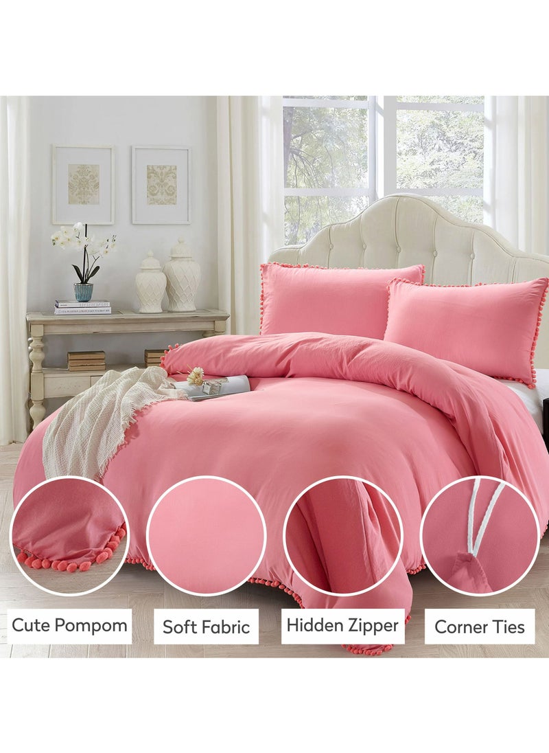 Donetella 2-Piece Single Size Duvet Cover Set  Pompom Style Twin Size, Soft Microfiber (Without Filler), Pastel Pink  - Image 3