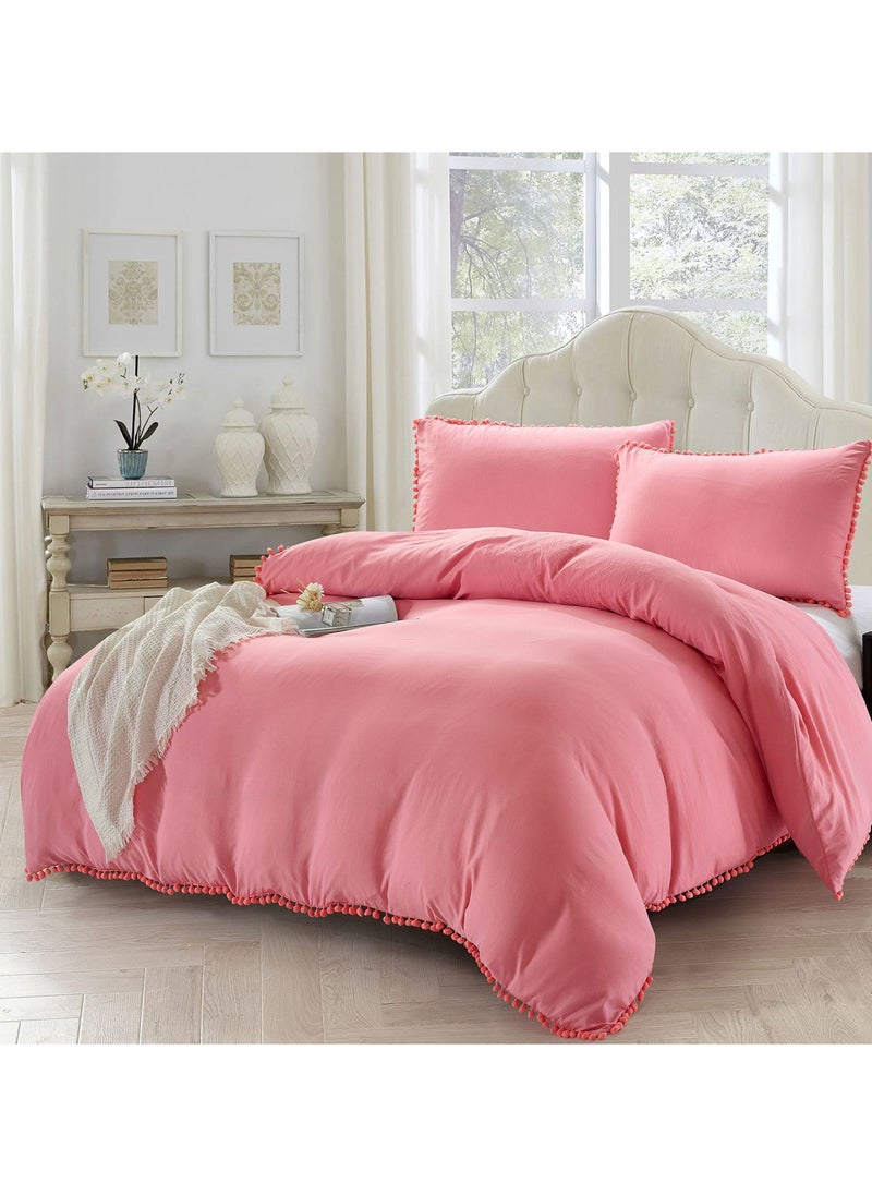 Donetella 2-Piece Single Size Duvet Cover Set  Pompom Style Twin Size, Soft Microfiber (Without Filler), Pastel Pink  - Image 1