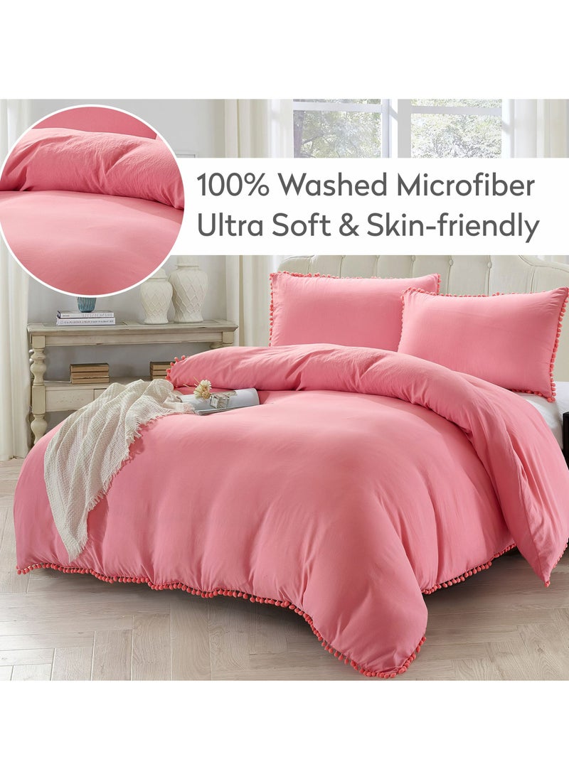 Donetella 2-Piece Single Size Duvet Cover Set  Pompom Style Twin Size, Soft Microfiber (Without Filler), Pastel Pink  - Image 4