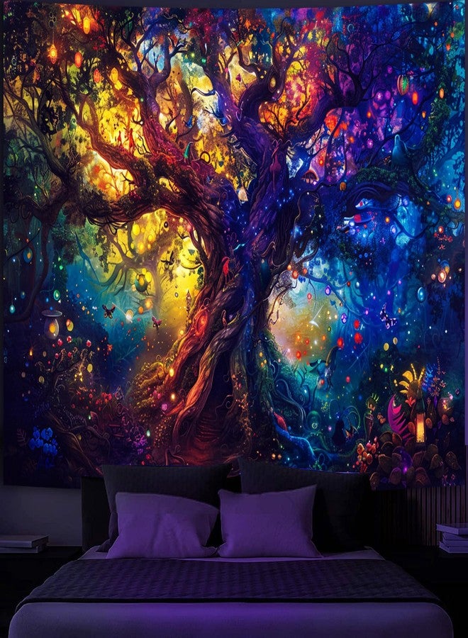 Simpkeely Blacklight Tree of Life Tapestry, Fantasy Forest Fairy Tapestry Nature UV Reactive Colorful Tree Magical Elves Wall Hanging Tapestries for Bedroom - 44" x 59" - Image 1