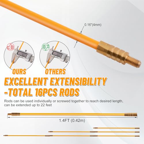 KOOTANS 22FT Fiberglass Electrical Wire Running Kit Wire Fishing Tools Fish Tape Wire Puller Through Wall Cable Snake Fish Rods Kit with Different Attachments - Image 4
