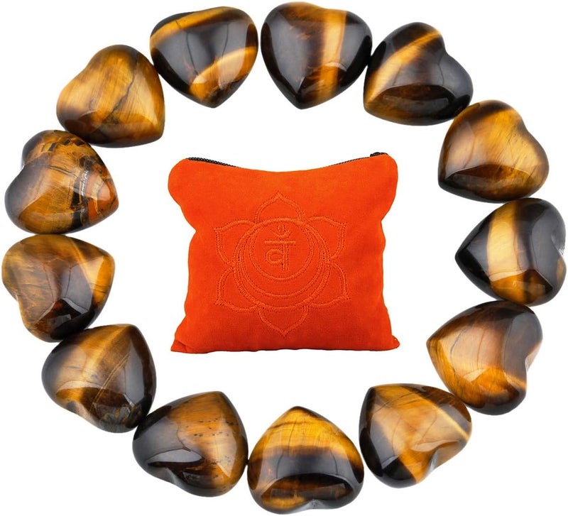 Rockcloud 10 PCS Healing Crystal Tiger's Eye Heart Love Carved Worry Stones with Chakra Bag Meditation Reiki Balancing