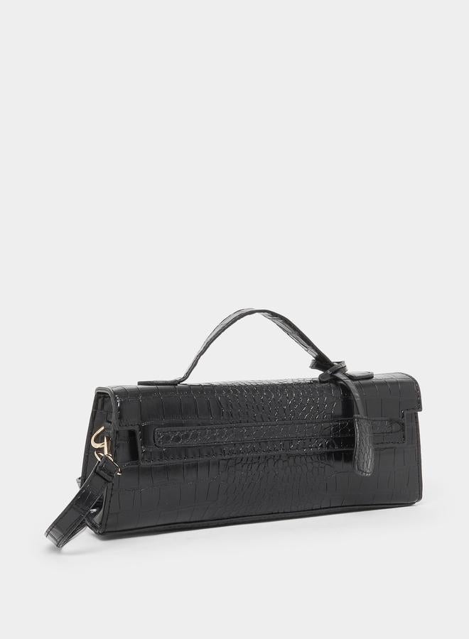 Styli Black Croc Textured Barrel Crossbody Bag with Top Handle - Image 1