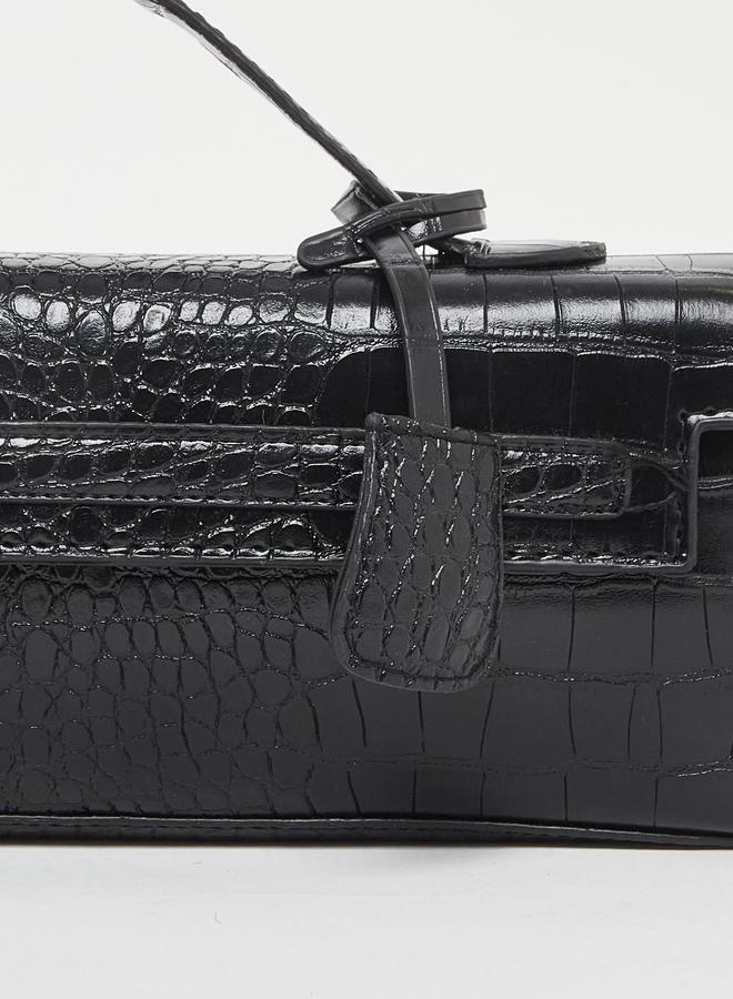 Styli Black Croc Textured Barrel Crossbody Bag with Top Handle - Image 2
