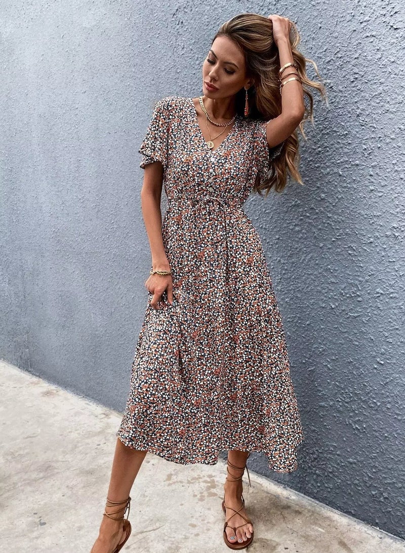 Ditsy Floral Flutter Sleeve Drawstring Dress Without Belt  - Image 1
