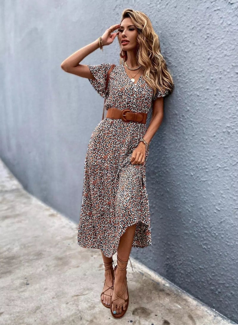 Ditsy Floral Flutter Sleeve Drawstring Dress Without Belt  - Image 2